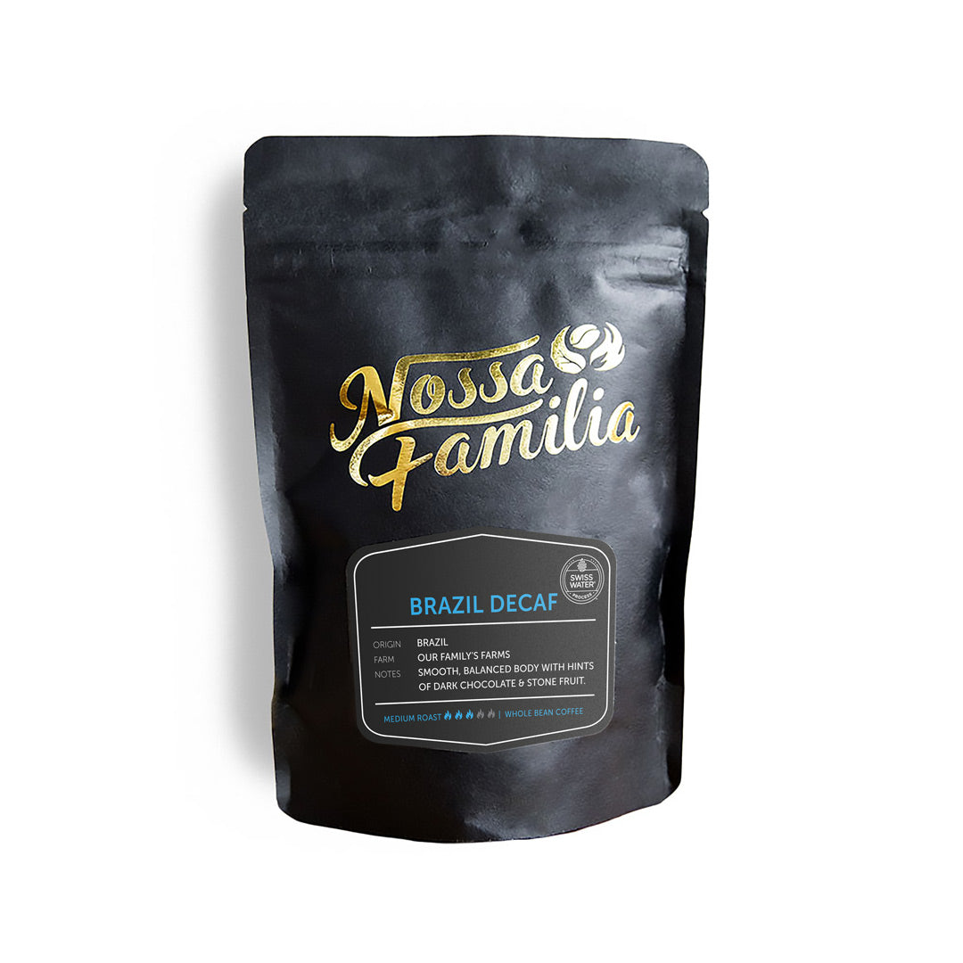 Nossa Familia Coffee Brazil Decaf is Swiss Water Processed. 4 oz bag size.