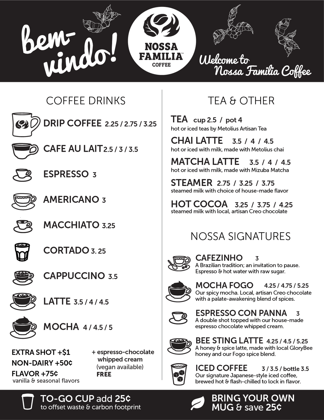 Seven Corners Nossa Familia Coffee Shop Menu