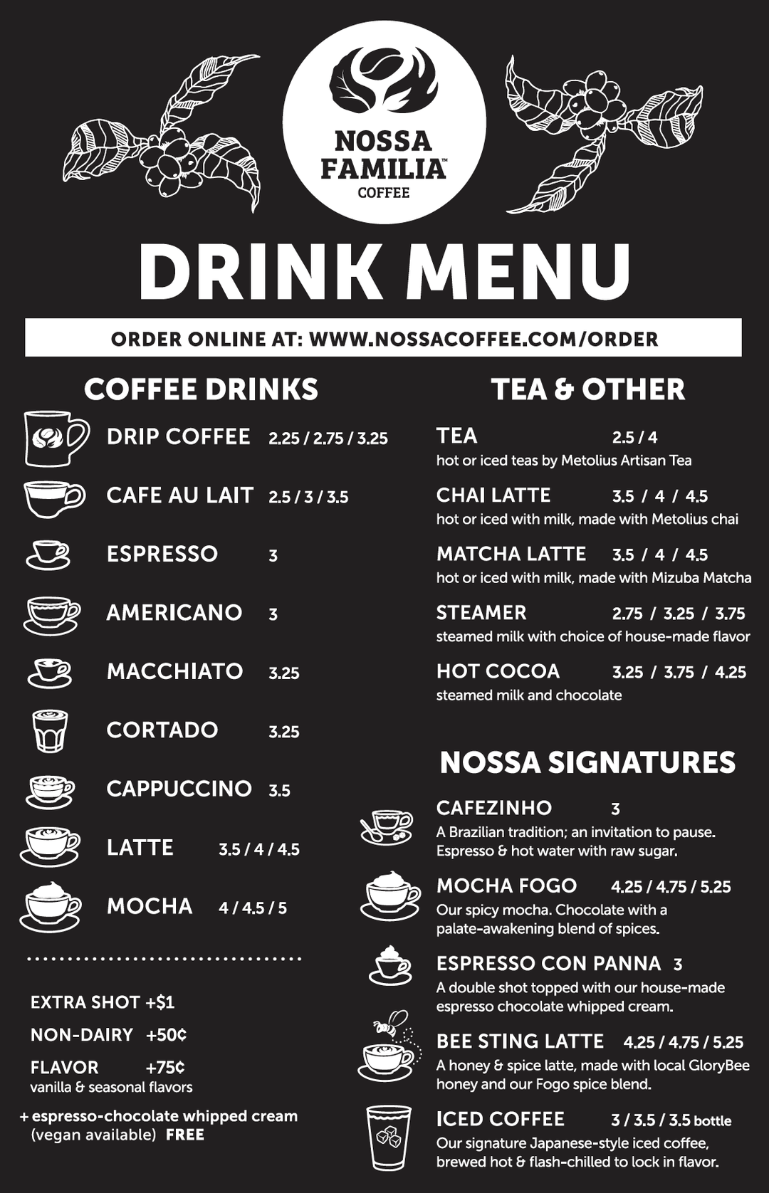 Drink Menu - order online or in person | Nossa Familia Coffee