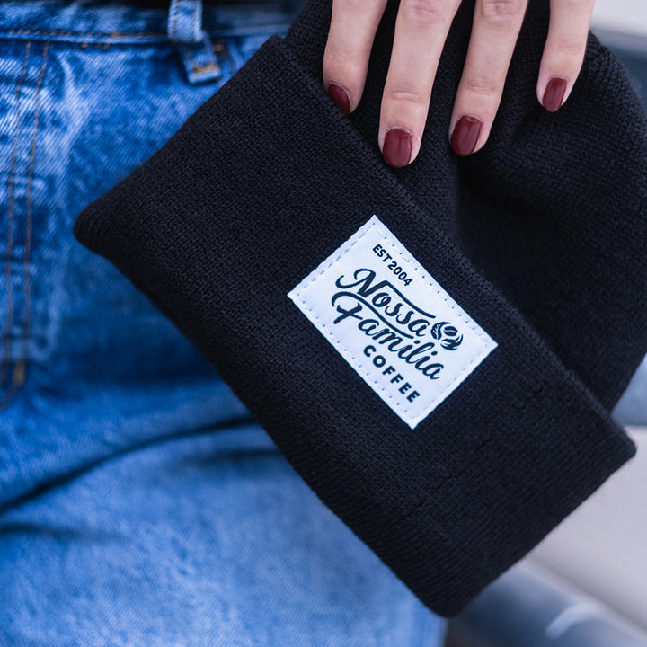 Detail of Nossa Familia Knit Beanie in Black