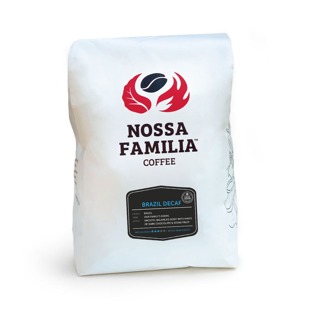 Nossa Familia Coffee Brazil Decaf is Swiss Water Processed. 5 lb bag size.