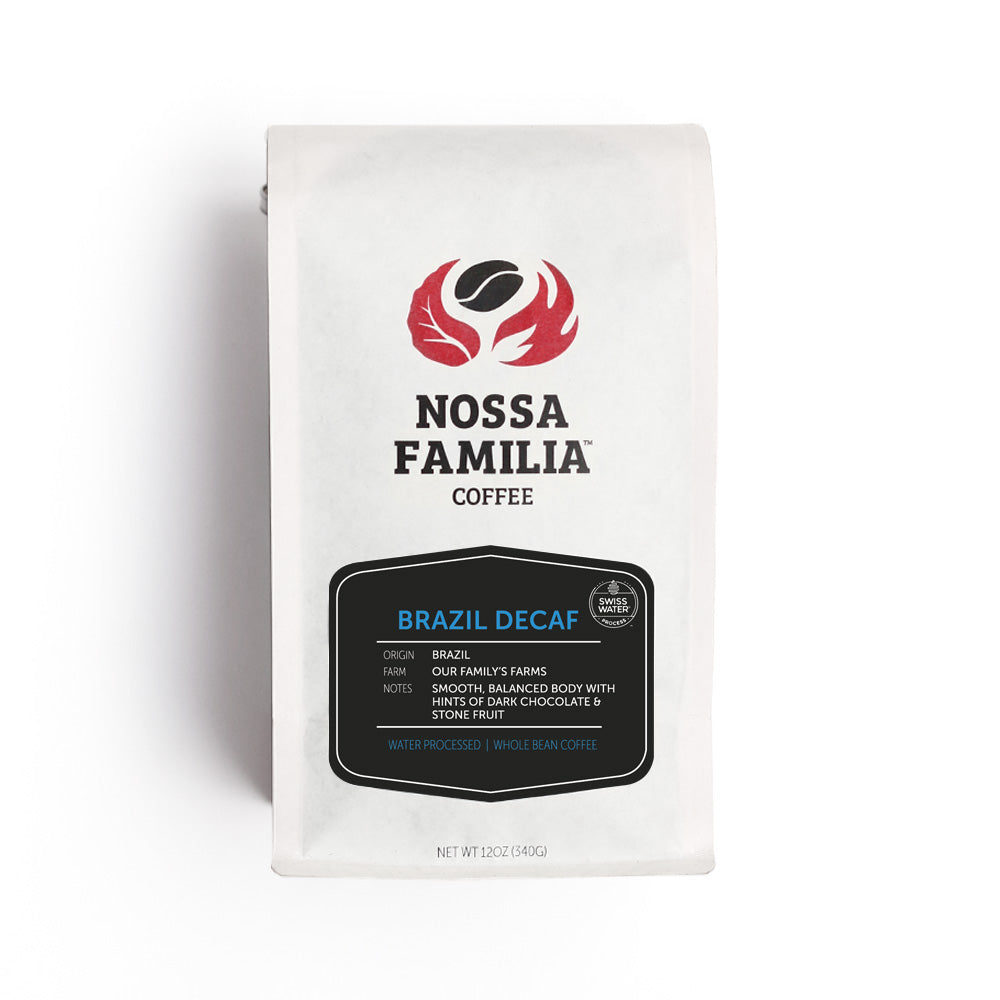Nossa Familia Coffee Brazil Decaf is Swiss Water Processed. 12 oz bag size.