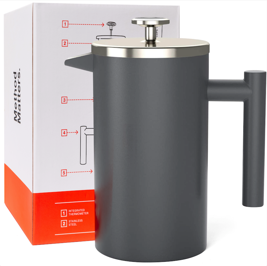 French Press with Thermometer Insulated Stainless Steel Coffee Maker (1.0L | 34fl oz) by Barista Warrior
